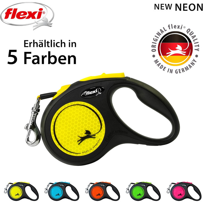 Пояс для собак Flexi Neon S 5 м чорний/неоновий жовтий з світловідбиваючими смугами, для собак до 15 кг