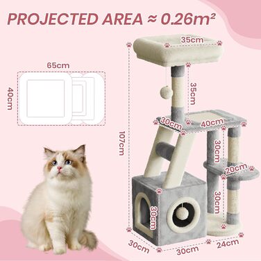 Клітка-когтеточка для котів Dogat 107 см, багатоярусна з когтеточкою, лежаком, будиночком та ігровим м'ячиком (сіра/бежева)