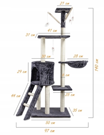 Високий кігтеточка-комплекс для котів Pet HOBBY, сірий, 5 рівнів, 140 см