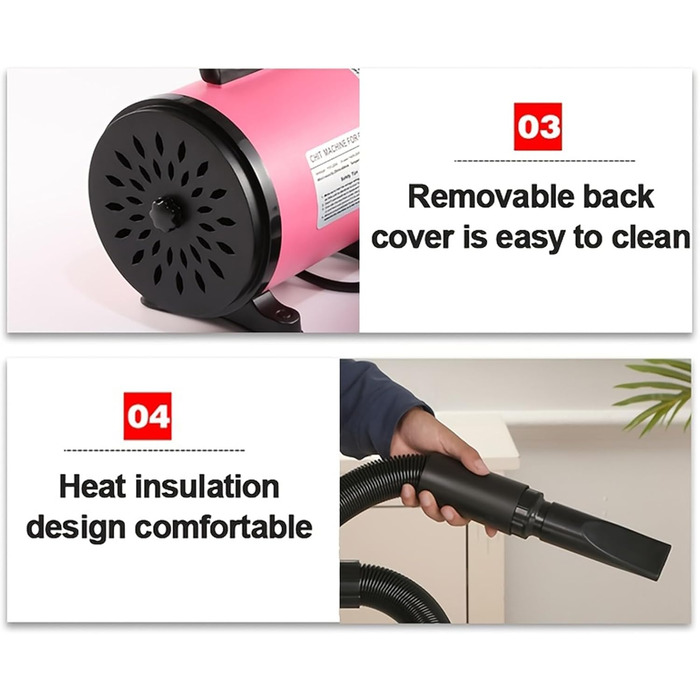 Фен для собак, 2800W, тихий, регульована швидкість та температура, 4 насадки (рожевий)