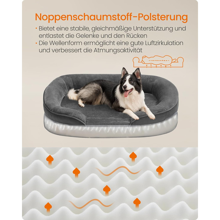 Ліжко для собак Feandrea, ортопедичне, середнього розміру, 76x51x18 см, водовідштовхувальне, знімний чохол, антиковзаюче покриття, сірий колір