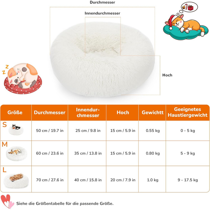 Ліжко для собак і котів ALLSOPETS, м'яке плюшеве, кругле, антистрес, зі знімним чохлом, несковзка основа, біле, 60 см – для малих і середніх порід
