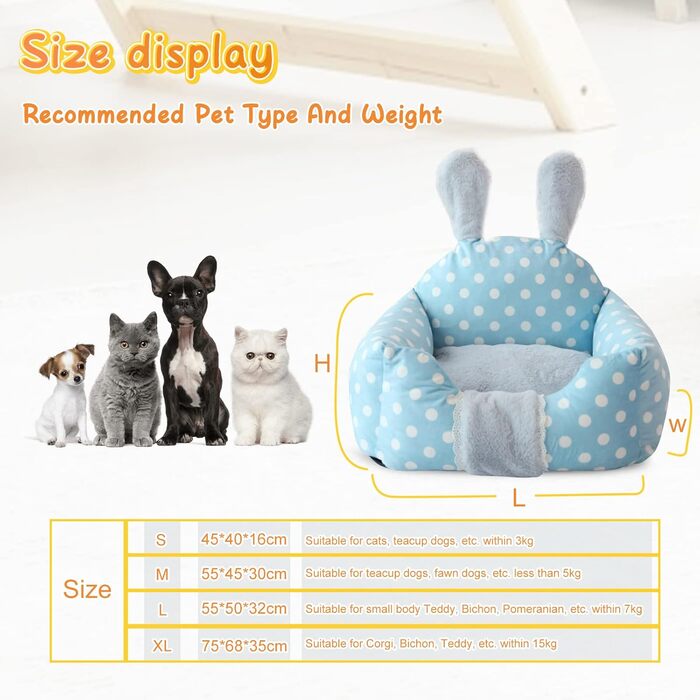Крісло-лежанка для котів та собак PETCUTE, м'яке ліжко для тварин з приємним дизайном, миється, підходить для кроликів, блакитний колір (S, у крапочку)