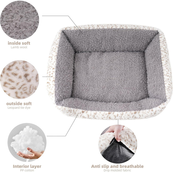 М'яке ліжко для собак Roypet з матрацом, антистресове, для цуценят, собак та котів, прямокутне, сіре, розмір S, з принтом леопарда, миється