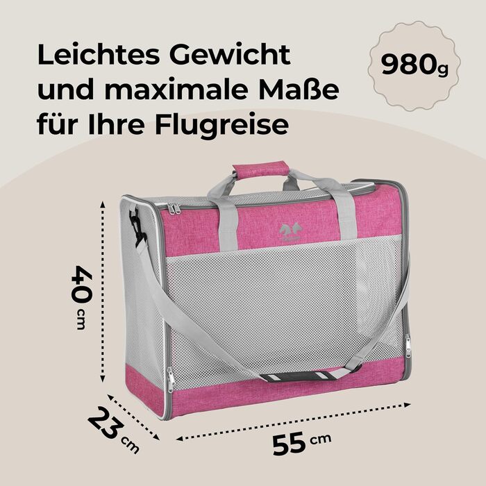 EQUICANI® Сумка-переноска для собак та котів 55x40x23 см, легка, складна, з сіткою, ременем та знімним дном | Ідеальна для подорожей, авто та перельотів (Рожевий)