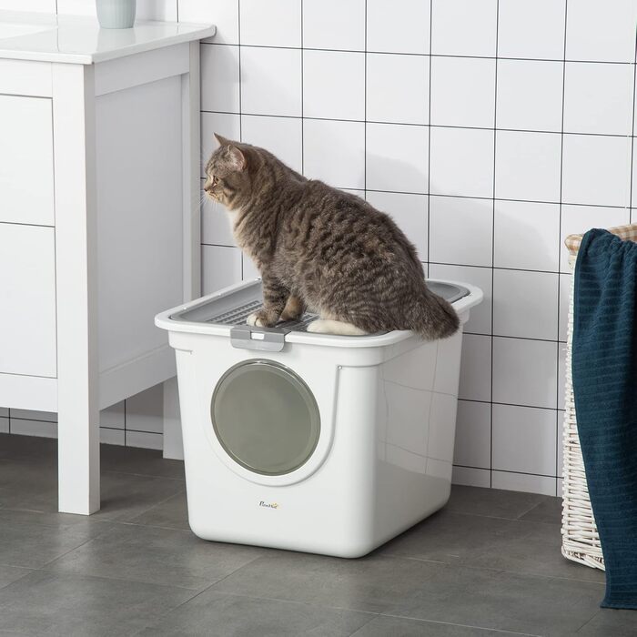 Туалет для котів PawHut із кришкою та лопаткою, пластиковий, для котів до 5 кг, сірий+білий, для дому, 44x55x39 см