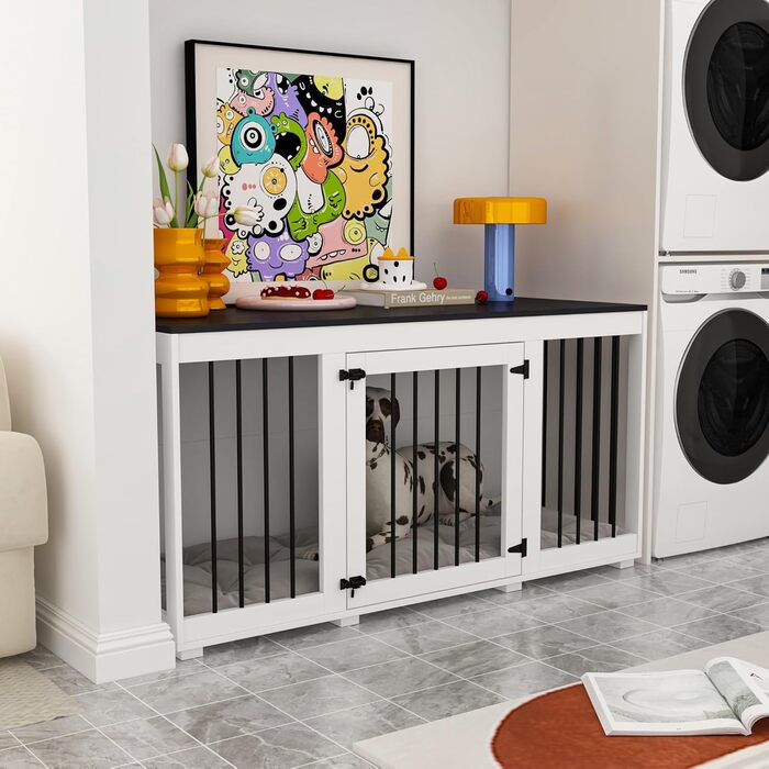 Будка для собак для дому – дерев'яно-металевий вольєр для маленьких собак, меблевого стилю з дверцятами, вантажопідйомність до 50 кг, 136 x 56 x 70 см – сучасний дизайн для дому