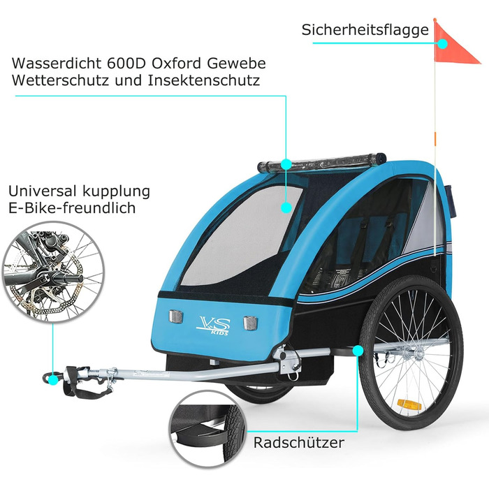 Дитячий причіп Tiggo VS 2 в 1 для велосипеда з функцією коляски та бегуном, блакитний