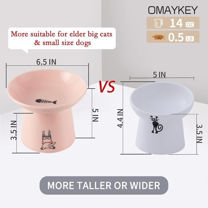 Керамічні миски для котів OMAYKEY з широким дном та підняттям, 16,5 см, для корму та води, широкі, плоскі, захист від болю в спині, зелено-білі