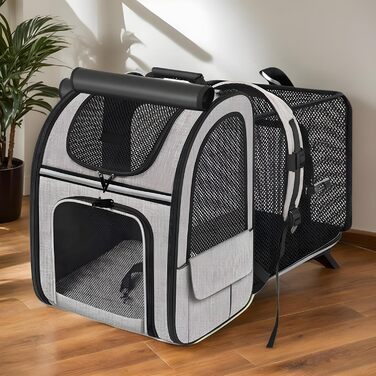 Рюкзак для котів та маленьких собак | Транспортна сумка для домашніх тварин, дихаюча, розкладна, для подорожей, прогулянок, сірого кольору з зеленими вставками