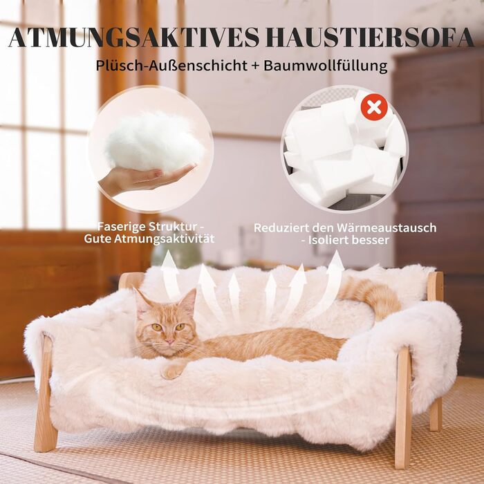 Катяме місце CheerPals з бука, 70x47 см: велике ліжко-софа для котів з м'якою знімною наволочкою, витримує до 15 кг