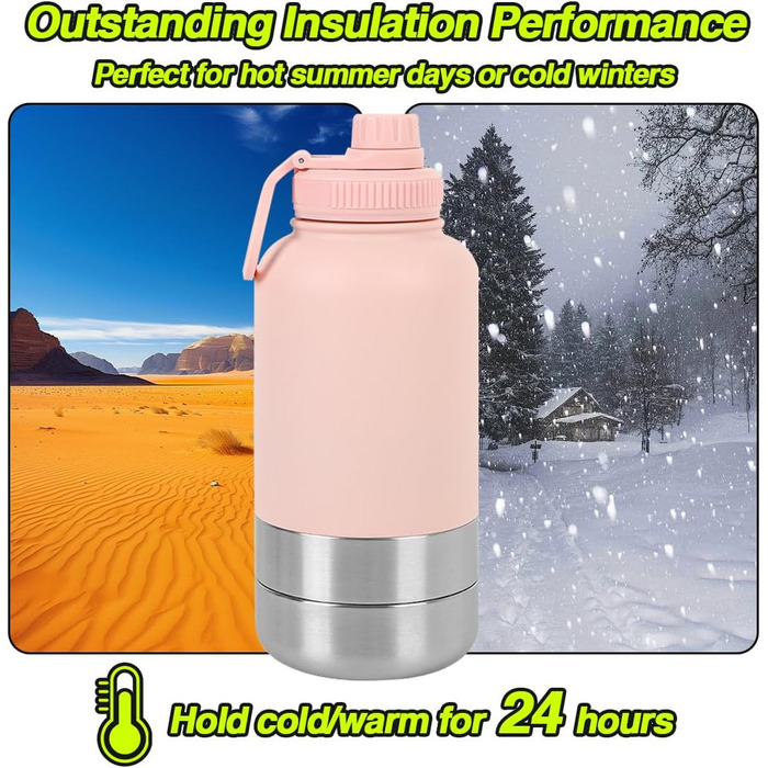 Водяна пляшка для собак на прогулянці, 950 мл, з мискою, ізольована, нержавіюча сталь, термопляшка для собак, рожева