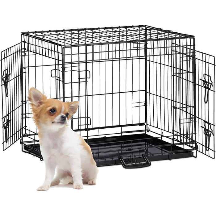 Клітка для собак Relaxdays, для дому та авто, HBT: 87 x 122 x 80 см, складана, з піддоном, 2 двері, ручка, сталь, чорна (розміри внутрішні: 46 x 62 x 51 см)