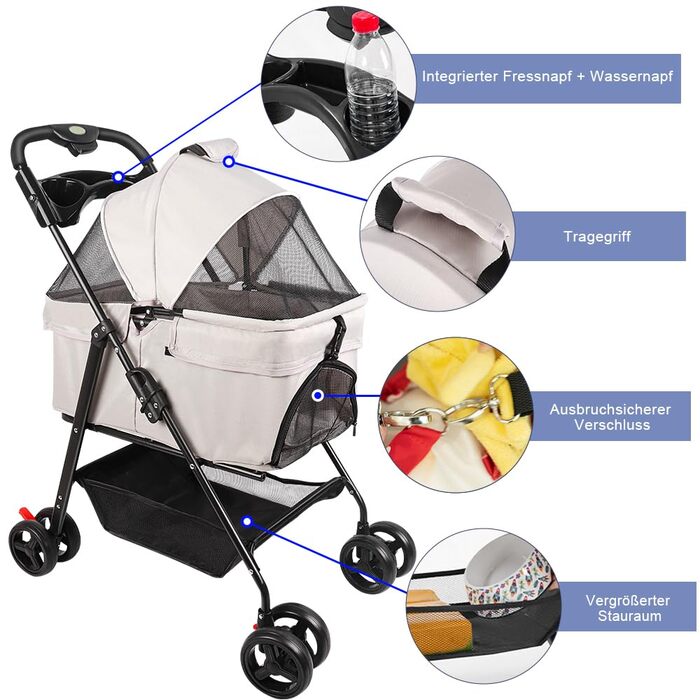 Візок для собак та котів OHMG Hundebuggy, сірий, до 25 кг, 4 колеса, складна конструкція, з сіткою та тримачем для напоїв