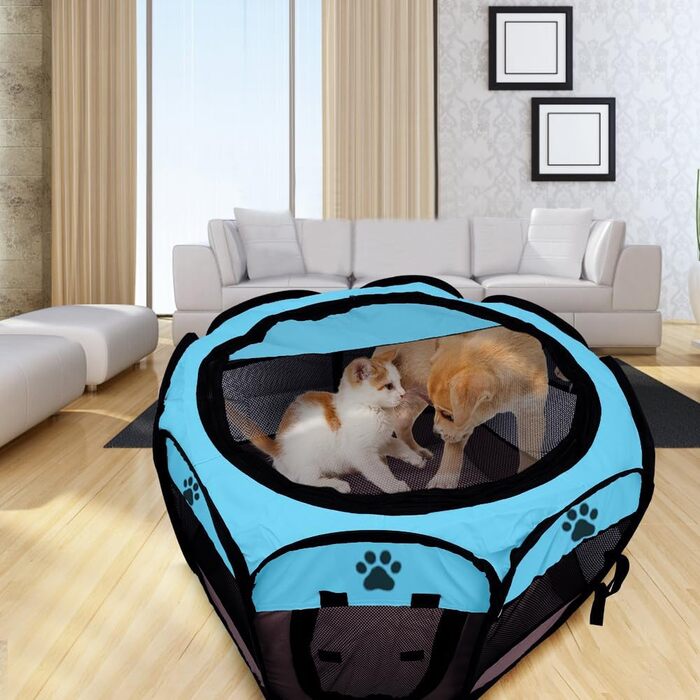 Клітка-забіг для цуценят та тварин, 74x74x43 см. Клітка-вольєр для собак, котів, кроликів та дрібних тварин для використання в приміщенні та на вулиці (Рожева) (Синій восьмигранний)