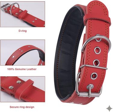 Нашийник для собак з натуральної шкіри, XL, червоний. Товстий, м'який, 5 см, для середніх та великих порід
