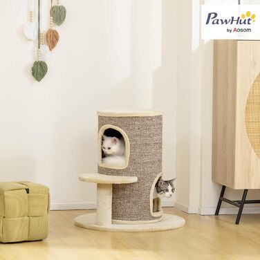 Кігтеточка PawHut для котів, 61 см, кігтеточний тунель з 2 печерами, стрибкова платформа, кігтеточний комплекс з сизалю та плюшу, для маленьких котів, бежевий