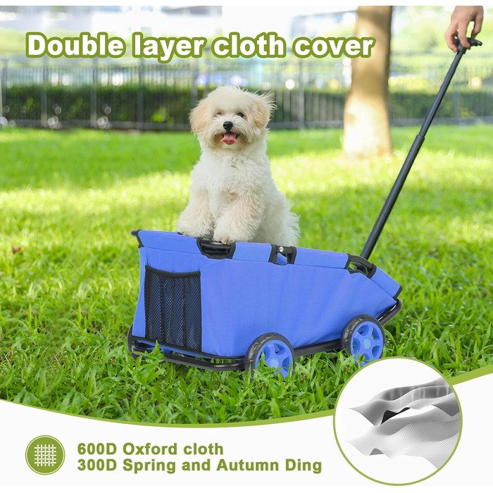 Міні-візок для тварин, складний багатофункціональний візок для покупок з висувним ручками, для прогулянок на вулиці, з подушкою та страхувальним тросом, з кишенькою (Блакитний)