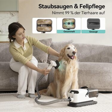 Amicura Шерстьомашинка для собак з пилососом для шерсті та феном 15000Pa, набір для догляду за тваринами, регульована швидкість і температура, 5 перевірених інструментів, тиха машинка для собак та котів