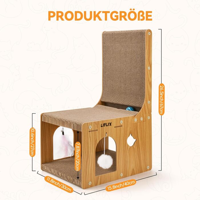 Крізь-дошка для котів LIFLIX L-подібної форми, 67 см, з будиночком для ігор та відпочинку, захист меблів