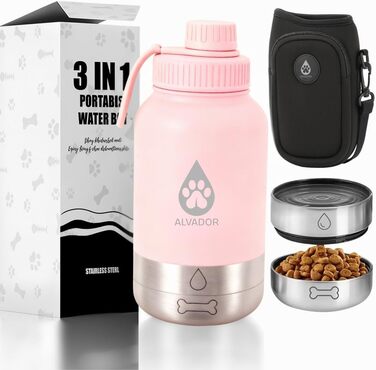Поїлка для собак на прогулянці 1000 мл з мішечком, 4-в-1 ізотермічна фляга з нержавіючої сталі, не протікає, BPA-free з мисками для води та корму, аксесуари для собак (Рожева)