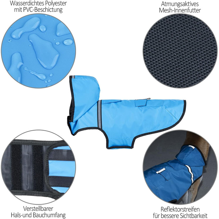 Водонепроникна куртка для собак KoKoBin з капюшоном, світловідбиваючими елементами, розмір XL, блакитна