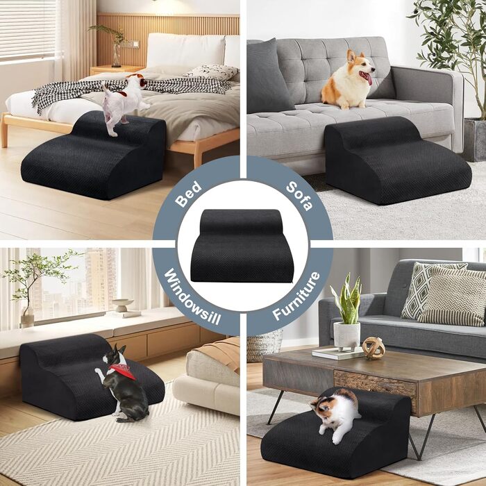 Сходинки для собак Mozvvco: 2 сходинки для маленьких собак, м'який матеріал, знімна оббивка, чорного кольору