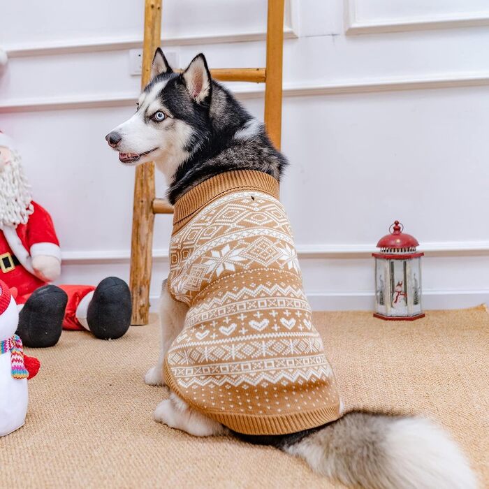 Теплий зимовий пуловер для собак та котів Bingpet з малюнком сніжинок, бежевий (M)