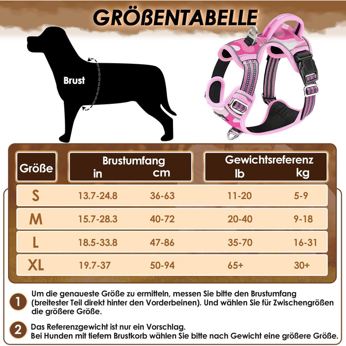 Нашийник для собак великих порід, шлейка з анти-тяговою конструкцією, 2 карабіни, зручна ручка, регульована та світловідбиваюча, для щоденних тренувань (L, XL), камуфляжний рожевий