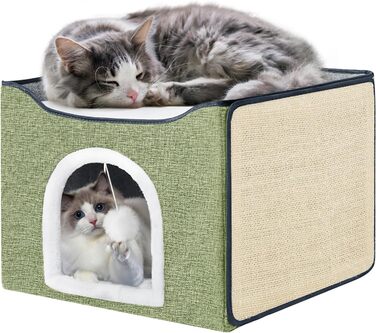 Ліжко-куб для котів Purr&Khead з подушкою, знімним кігтеточкою та іграшкою, велика складна котяча хатка 42x42x33 см, зелена, для домашніх котів