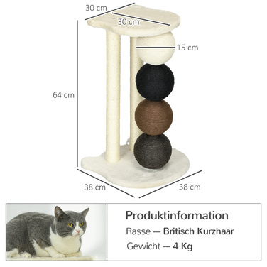 PawHut Cat Tree з великими сизалевими кулями Ø15 см, Stable Cat Tree до 30 кг, платформа бежева, 38 x 38 x 64 см