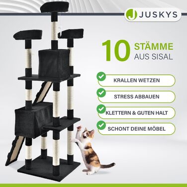 Котячий комплекс Juskys XXL Amy 170 см – стійке дерево для котів з лежаками, будиночками, драбинами та стовпчиками з сизалю, чорний
