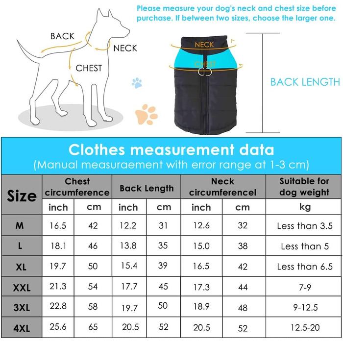 WELLXUNK Куртка для собак, тепла, водонепроникна, для маленьких та великих собак (3XL, блакитна, 83 см)
