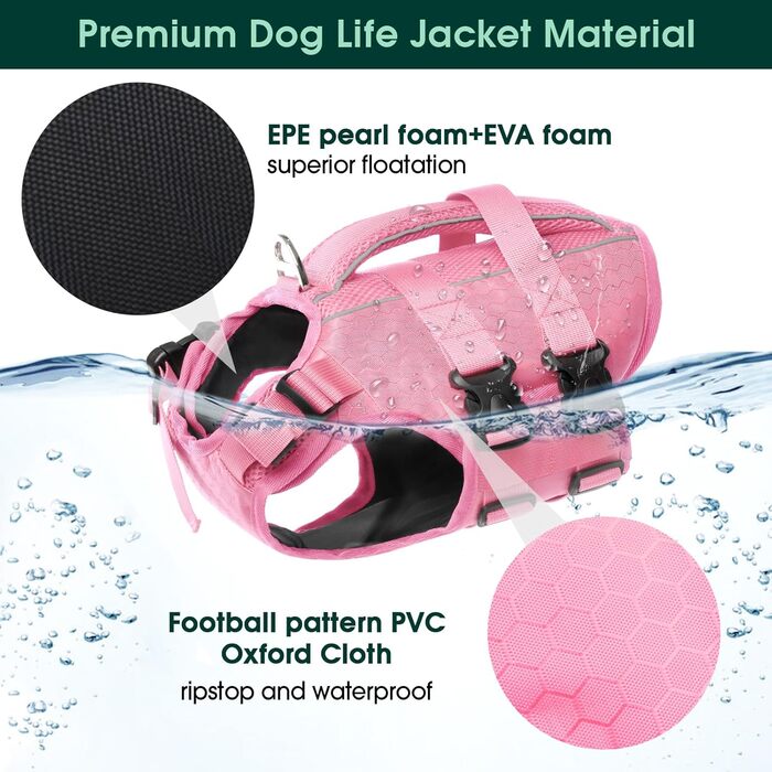 Жилет для плавання собак Kuoser: регульований, з рипстоп тканини, для малих, середніх та великих собак, з ручкою для рятування, рожевий (M)