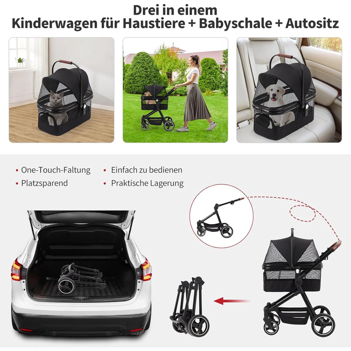 Складаний візок для собак та візок-буги для тварин до 15 кг, одноярусний, з повідцями безпеки, сітковими вікнами та місцем для зберігання, ідеальний для подорожей та прогулянок, чорний