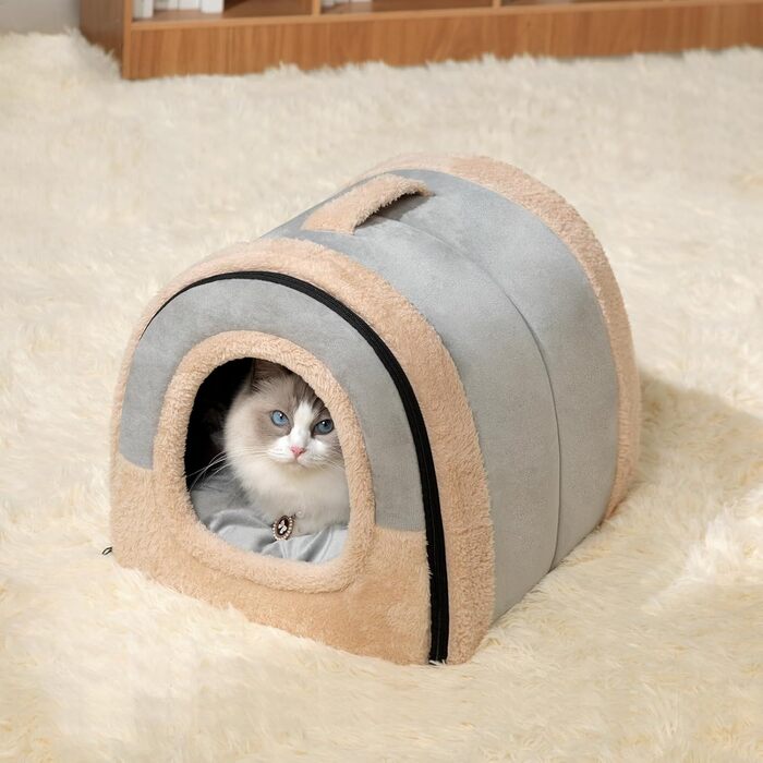 Кішечка Hollypet: ліжко для котів та маленьких собак, 2-в-1, тепле гніздо-печера з кришталевої оксамиту, сірий колір, для дому та вулиці