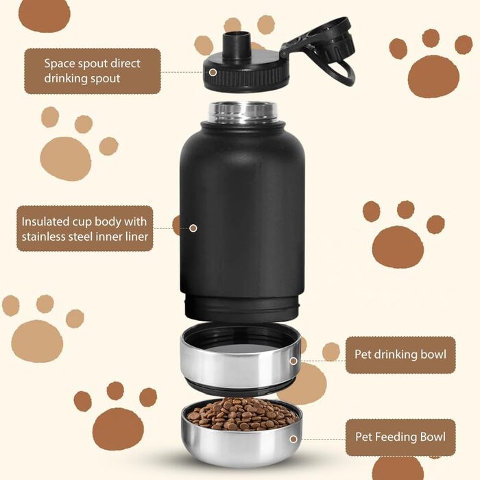 Водяна пляшка для собак на винос 950 мл - 4-в-1 з мисками для води та їжі, ізольована сталева пляшка для собак, BPA-Free, аксесуари для собак для подорожей, походів, прогулянок