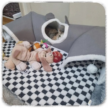 Плюшеве ліжко-шахівниця для котів з тунелем 2в1, сіре, розмір XL 86x70x26 см