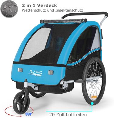 Дитячий причіп Tiggo VS 2 в 1 для велосипеда з функцією коляски та бегуном, блакитний