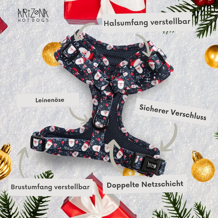 Нашийник для собак на Різдво (S) Hohoho | М'який нашийник Arizona Hotdogs | Леєчка нейлон 1,5м | Різдвяний нашийник для маленьких собак