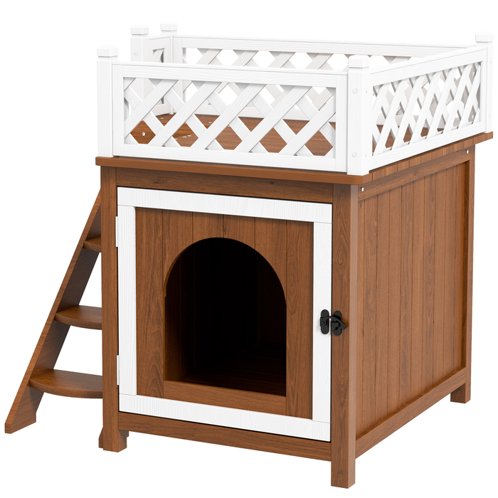 PawHut Cat Cave, Котячий будиночок з ялинового дерева, Котячий будиночок з балконом, Сходи, для кішок, Кролики до 6 кг, Кімнатний, Відкритий 67.5 x 63 x 68.5 см, Коричневий | Аосом