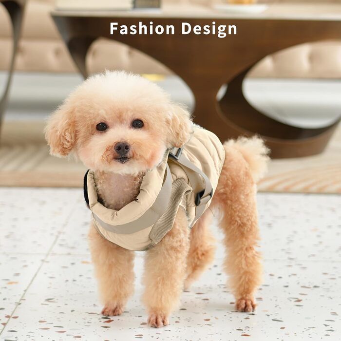 Тепла куртка для собак середнього розміру, XL, Khaki, з інтегрованим шлейкою, флісова підкладка, для зими, вітронепроникна