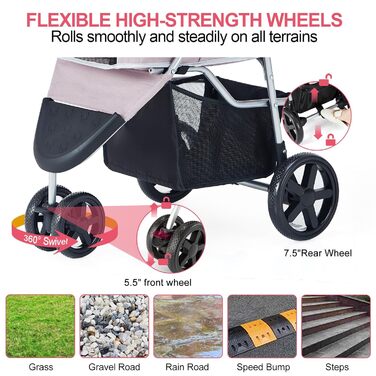 Візок для собак до 15 кг, складний, з кошиком для зберігання, сіткою, захистом від дощу, рожевий