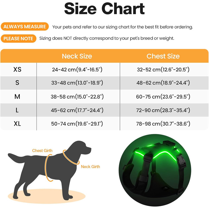 Світловідбиваючий нашийник для собак великих порід Feycig з LED підсвічуванням, акумуляторний, регульований, 3 режими освітлення, висока видимість (Чорний, Large)