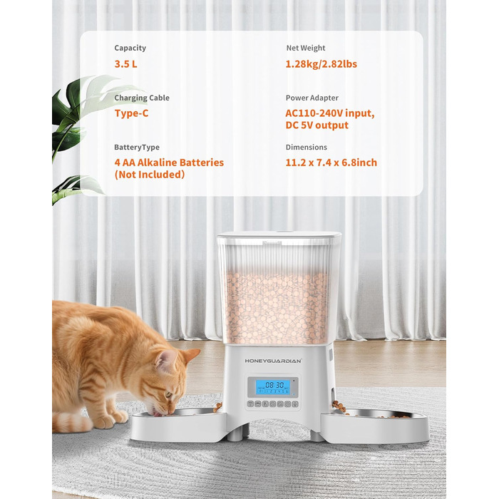 Автоматичний годівник для котів та собак HoneyGuaridan з 2 мисками (3.5L, білий)