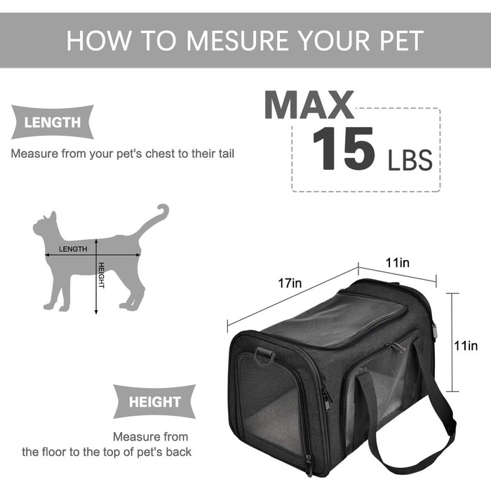 Транспортна сумка для котів та собак, м'які стінки, для середніх та маленьких перельотів, складна переноска для кроликів, цуценят, для подорожей (чорний, середній) 43 см x 28 см x 28 см, чорний