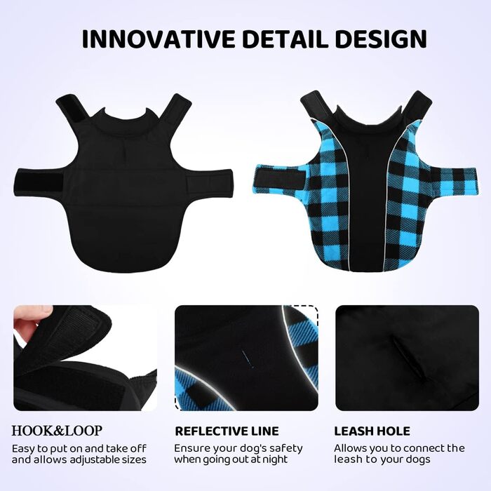 Теплий зимовий одяг для собак, куртка для собак з захистом живота, зимова куртка для собак зі світловідбиваючими елементами, двостороння куртка для собак, одяг для собак з отвором для шлейки, блакитна, розмір S