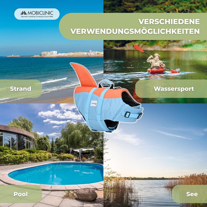 Obiclinic® Sharky: рятувальний жилет для собак з регульованою шлейкою, високою плавучістю та дизайном у стилі акули (блакитний та помаранчевий)