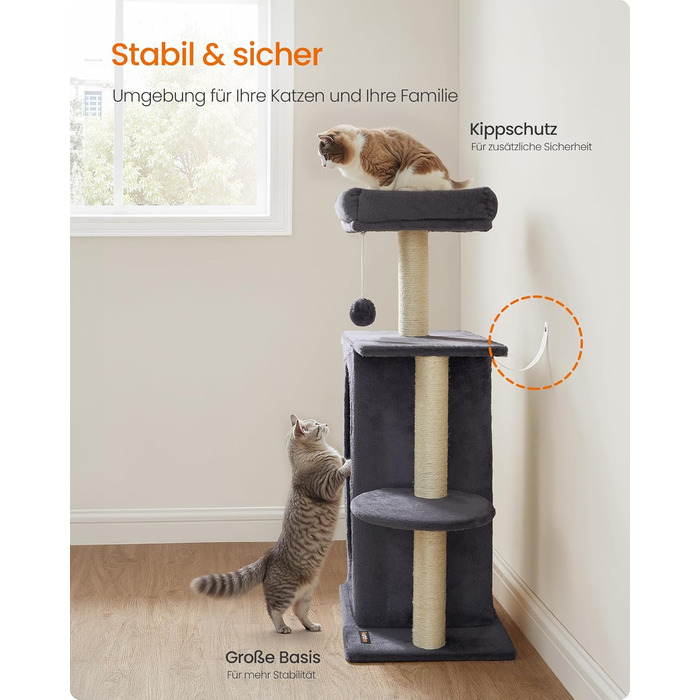 Дряпка для котів Feandrea, кігтеточка з 2 будиночками, кігтеві стовпи, для кількох котів, кошенят, сіра (PCT005G01)