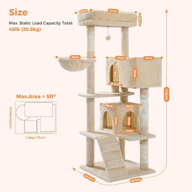 Кігтеточка PETEPELA 143 см з знімним подушкою, кігтеточними стовпчиками, двоповерховим будиночком для котів – велика, для великих котів, зелена (бежева)